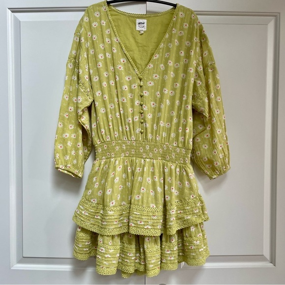 Aerie Mini V Neck Lined Green Floral Smocked Waist Peasant Sun Dress Summer - Picture 1 of 13